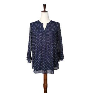 Charter Club Chiffon Blouse Navy Blue with White Floral Print Size Small